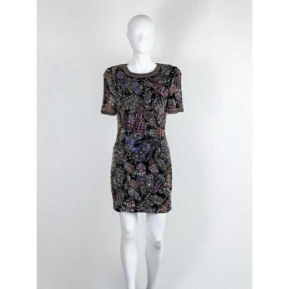 VNT Oleg Cassini Black TieSilk Hand Beaded Pencil￼ Dress￼Size 4